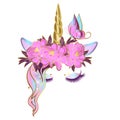 Vector unicorn face with closed eyes and wreath of pink flowers. Golden horn with glitter Royalty Free Stock Photo