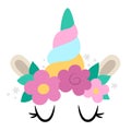 Vector unicorn face. Fantasy animal with rainbow colored horn, closed eyes, flowers, ears. Fairytale horse character for kids. Royalty Free Stock Photo