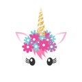 Vector unicorn face with gold horn and flowers Royalty Free Stock Photo