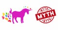 Unicorn Farting Butterflies Icon with Grunge Myth Stamp