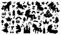 Vector unicorn silhouettes set. Fairytale black icons collection with funny fairy, castle, rainbow, moon, falling star, flowers,