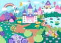 Vector unicorn themed landscape illustration. Fairytale scene with castle, rainbow, forest, pond, treasures, mountains, garden. Royalty Free Stock Photo