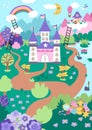 Vector unicorn themed vertical landscape illustration. Fairytale scene with castle, rainbow, forest, pond, treasures, mountains, Royalty Free Stock Photo