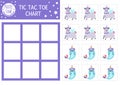 Vector unicorn tic tac toe chart with cute animals with horns. Magic, fantasy world board game playing field with cute llama and