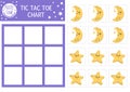 Vector unicorn tic tac toe chart with cute half-moon and star. Magic, fantasy world or night sky board game playing field. Royalty Free Stock Photo