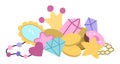 Vector unicorn treasures concept. Pile with cute stars, diamonds, mirror, beads, golden coins, crown, donut. Magic or fairytale