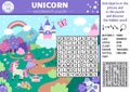 Vector unicorn wordsearch puzzle for kids. Simple word search quiz with fantasy country landscape. Educational activity with