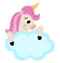 Vector unicorn with yellow horn and pink mane. Fantasy animal holding blue cloud with place for text. Fairytale horse character Royalty Free Stock Photo