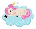 Vector unicorn with yellow horn and pink mane. Fantasy animal sleeping on blue cloud. Fairytale horse character for kids. Cartoon Royalty Free Stock Photo