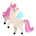 Vector unicorn with yellow horn and pink mane. Fantasy animal with wings standing on back feet. Fairytale horse character for kids