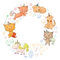 Vector unicorns. Caticorn. Cat, dog, pony with horn and rainbow. Fantasty vector icons. Cute kindergarten pattern for