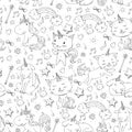 Vector unicorns. Caticorn. Cat, dog, pony with horn and rainbow. Fantasty vector icons. Cute kindergarten pattern for