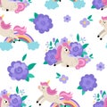 Vector unicorns seamless pattern. Repeat background with fairytale characters, rainbow, flowers. Fantasy world digital paper with