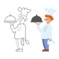 Vector unpainted and colored chef cook. Game, coloring book page for children