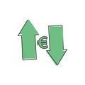 Vector up and down arrow and euro sign icon on cartoon style on white isolated background