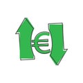 Vector up and down arrow and euro sign icon on cartoon style on white isolated background