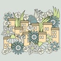 Vector Urban landscape. Cartoon hand-drawn townhouses and flowers. Fabulous flower City