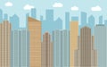 Vector urban landscape illustration. Street view with cityscape, skyscrapers and modern buildings at sunny day. Royalty Free Stock Photo