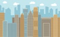 Vector urban landscape illustration. Street view with cityscape, skyscrapers and modern buildings at sunny day. Royalty Free Stock Photo