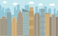 Vector urban landscape illustration. Street view with cityscape, skyscrapers and modern buildings at sunny day. Royalty Free Stock Photo