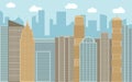 Vector urban landscape illustration. Street view with cityscape, skyscrapers and modern buildings at sunny day. Royalty Free Stock Photo