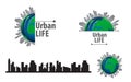 Vector urban life globe and city scape silhouette design logo Royalty Free Stock Photo