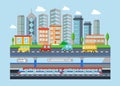 Vector Urban modern city landscape flat concept illustration. Smart city subway, cars, buildings and skyscrapers