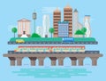 Vector Urban modern city landscape flat concept illustration. Smart city subway, cars, buildings and skyscrapers Royalty Free Stock Photo