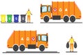 Vector urban sanitary vehicle garbage front loader truck and scavenger. Garbage Man in uniform gathering garbage and plastic waste