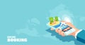 Vector vacation tourism and online booking of airline tickets concept. Buying travel package Royalty Free Stock Photo