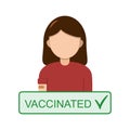 Vector vaccinated women icon. Isolated flat female character with band after vaccination. Coronavirus protection