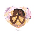Vector valentine card with cute characters. Lovers man and black african american woman hug lying in bed . Happy family