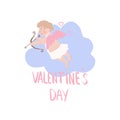 Vector valentine, cupid in love on a blue cloud, angel with wings and bow. Royalty Free Stock Photo