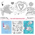 Vector Valentine day set with fishes in contour style. Outline cartoon fish, ornate hearts and greeting card isolated on white. Royalty Free Stock Photo