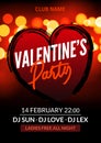 Vector valentine party poster or flyer design template. Valentine party greeting illustration night. Disco club dance event