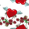 Vector Valentine s day, Birthday or wedding seamless pattern with hearts and wings, basket with roses. Endless design on