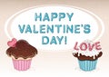 Vector valentine`s day card with two cupcakes, heart shaped lollipop, sprinkles, chocolate and vanilla cream Royalty Free Stock Photo