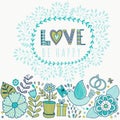 Vector Valentine's Day Greeting card with flowers and birds. Vector romantic frame with floral elements Royalty Free Stock Photo