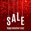 Vector Valentine`s day sale banner template with red hearts on dark wine background