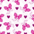 Vector Valentine seamless pattern with purple hearts and butterflies