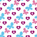 Vector Valentine seamless pattern with purple hearts and butterflies