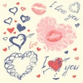 Vector Valentine set with hearts. Hand Drawn. Royalty Free Stock Photo