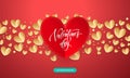 Vector Valentines background with romantic red and gold paper cut heart pattern with calligraphy lettering text Valentine`s Day f