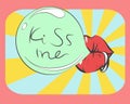 Vector Valentines Card With Kiss Me Lettering, Bubble Gum And Piercing Lips. Pop Art Background