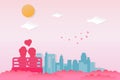 Valentines day background. A couples siting in a outdoors chair seeing city view at clear sky with sun and clouds