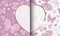 Vector Valentines Day card with lacy rose butterflies and big white heart Royalty Free Stock Photo