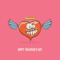 Vector Valentines day greeting card with funny cartoon pink heart character with wings and holy angel golden nimbus Royalty Free Stock Photo