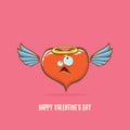 Vector Valentines day greeting card with funny cartoon pink heart character with wings and holy angel golden nimbus Royalty Free Stock Photo