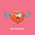 Vector Valentines day greeting card with funny cartoon pink heart character with wings and holy angel golden nimbus Royalty Free Stock Photo