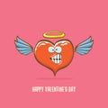 Vector Valentines day greeting card with funny cartoon pink heart character with wings and holy angel golden nimbus Royalty Free Stock Photo